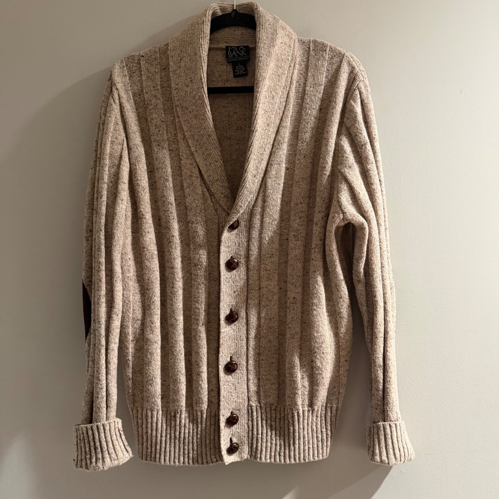 Jos. A. Bank Cardigan Mens Large Beige Excellent Wool Shawl Collar Elbow Patches